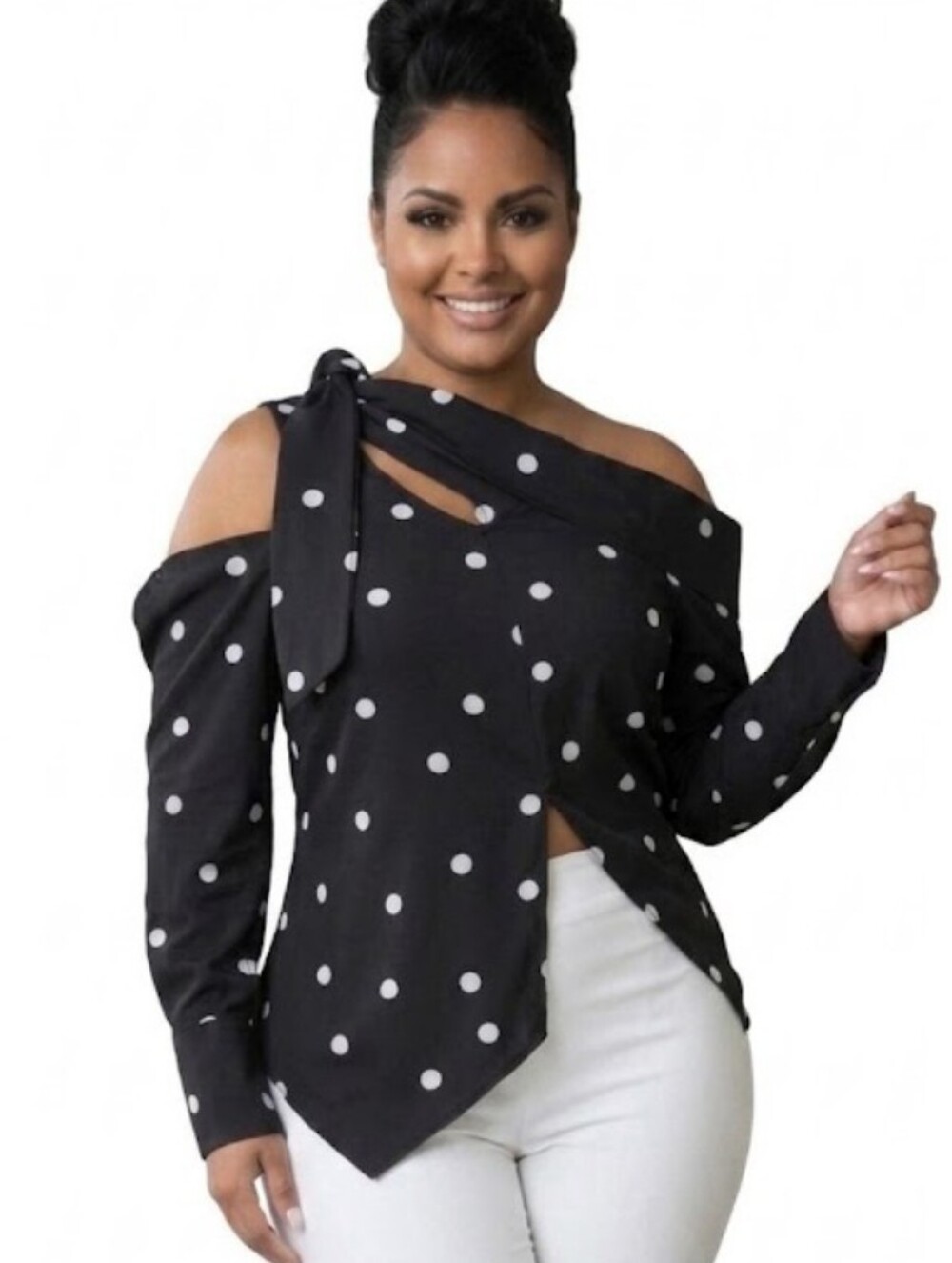 Black & White Polka Dot Cold-Shoulder Blouse with Tie Detail (XXL)